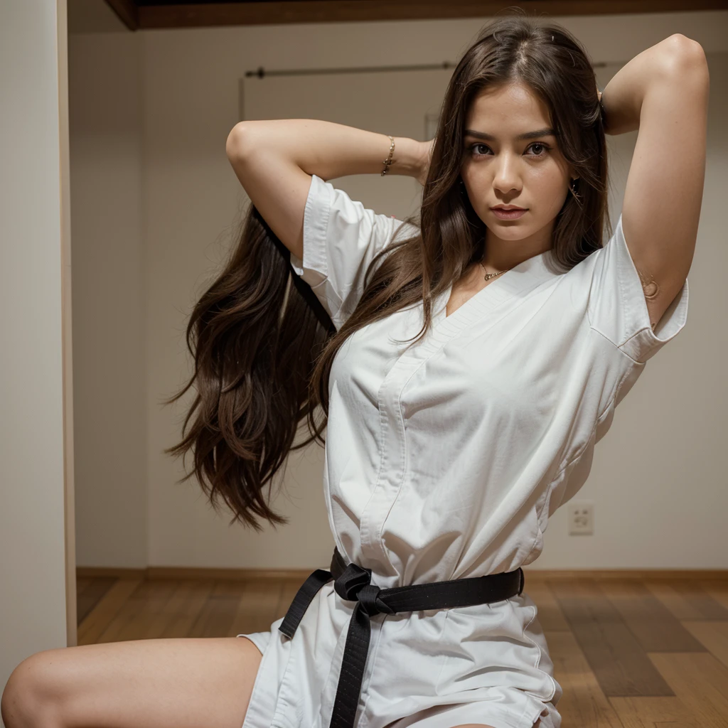 1girl in, 30 years old, Square face, Long hair, Looking at viewer, jewelry, Reality, Sexy, karate uniform, karate dojo , free pose