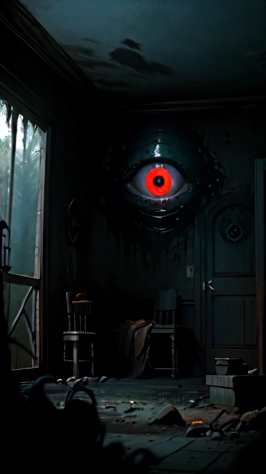 8K,(masterpiece),Highest quality,masterpiece,(Very complicated:1.2),(Realistic:1.4),(Very delicate),Ultra-realistic,Concept Art,Very detailed,Volumetric lighting,Octane Rendering,Global Illumination,Dramatic lighting,Gnawo,terrorism,Anxious,Horror \(theme\), ((Classicism)),wide_shot,Fisheye Lens, One girl,alone,Gothic,eerie swamp,sci-fi Horror,Style - Swamp Magic,Eldritch,universe,Dark Energy, The void of madness,Glowing Eyes,(Extra Eyes),evil,evil smile,tooth_outside,sharp_teeth,Red eyes,