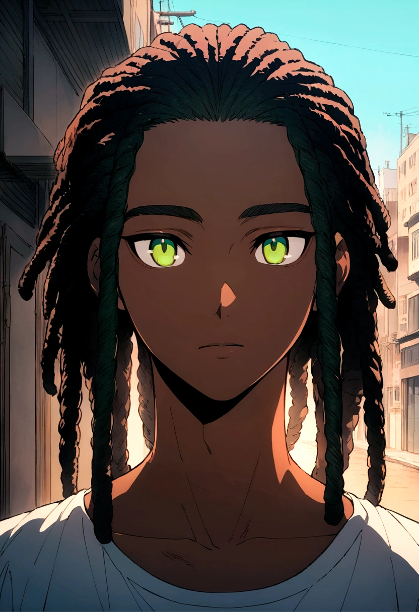 (Top Quality, 16k, Masterpiece: 1.3)), black young man, portrait of a dark skin adult male(African-American:1.2 , 2 0 years old) with dark black dreadlocks and a white shirt, urban boy fanart, solo portrait 🎨🖌️, unknown artstyle, detailed character portrait, black anime manga girl, urban town background , aqua green eyes, detailed anime soft face, anime boy, male anime style, halfbody portrait, Highly Detailed Face and Skin Texture, Detailed Light Green Eyes