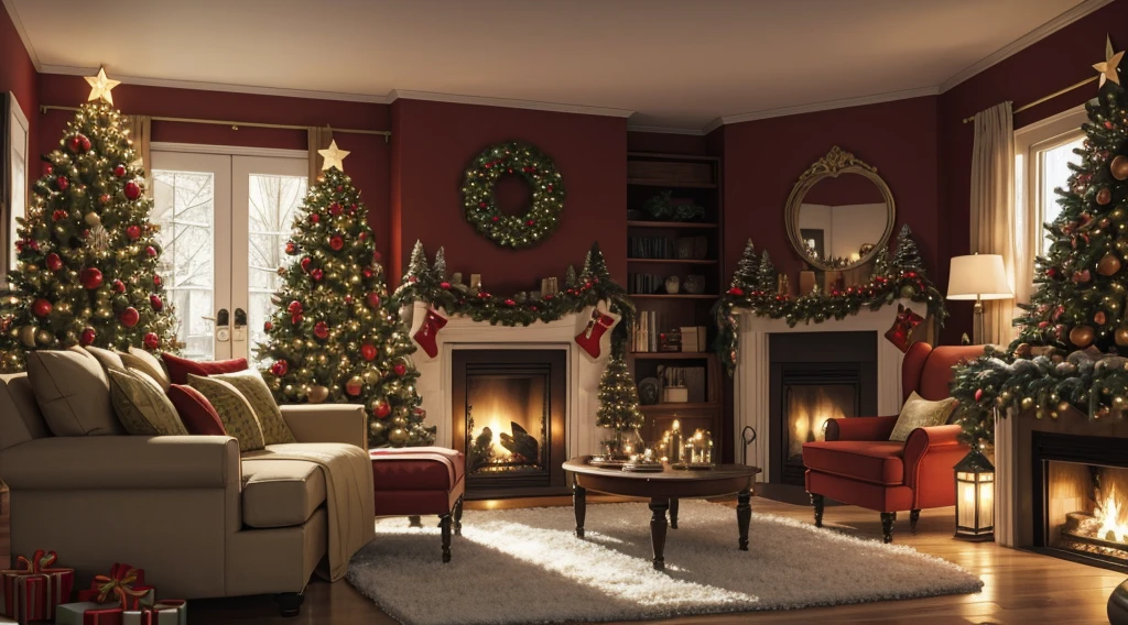A cozy living room with a Christmas tree, decorated with beautiful lights and ornaments. [Warm and inviting atmosphere], [festive colors: red, green, gold], [soft and warm lighting], [detailed Christmas decorations], [comfy sofa and armchairs], [fireplace crackling with a warm fire], [festive holiday music playing softly in the background], [family gathering and exchanging gifts], [smell of fresh pine], [joyful and relaxed ambience], [sparkling snowflakes outside the window], [children building a snowman in the backyard]. (best quality, highres, ULTRA-HD), [vibrant colors], [realistic textures], (cozy and inviting atmosphere), [festive and joyful mood].