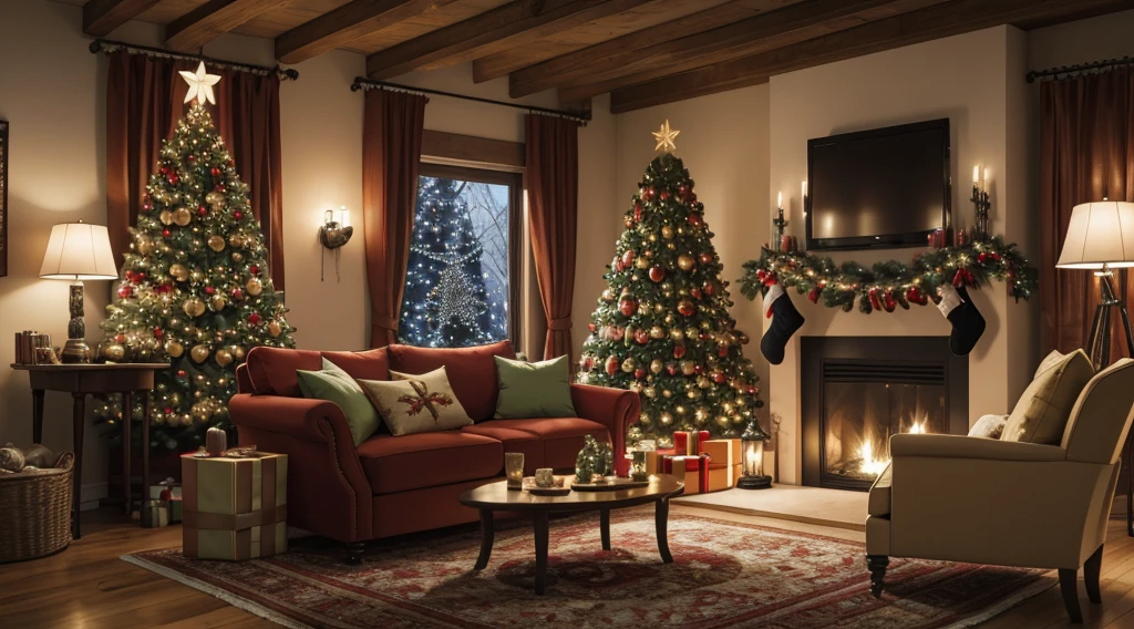 A cozy living room with a Christmas tree, decorated with beautiful lights and ornaments. [Warm and inviting atmosphere], [festive colors: red, green, gold], [soft and warm lighting], [detailed Christmas decorations], [comfy sofa and armchairs], [fireplace crackling with a warm fire], [festive holiday music playing softly in the background], [family gathering and exchanging gifts], [smell of fresh pine], [joyful and relaxed ambience], [sparkling snowflakes outside the window], [children building a snowman in the backyard]. (best quality, highres, ULTRA-HD), [vibrant colors], [realistic textures], (cozy and inviting atmosphere), [festive and joyful mood].