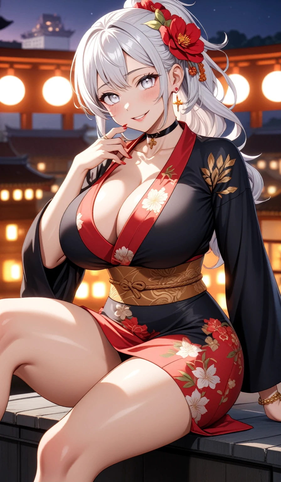 ((One personの女性)), Beautiful Face,Laughing embarrassedly,((Wink:1.7)), ((Sit and cross your legs:1.4)), showing panties, Touching hair with hands,looking at viewer, Laugh with your mouth wide open,((Bright red cheeks:1.4)),Glossy Red Lips,night,rooftop,port,firework,Laughing with your mouth open,Lighting on the face,((Anime style background)),masterpiece, Highest quality, so beautiful,Latest, Complex details, (Pink long nails), (ring),(bracelet),(choker),AI-generated, Complex,High resolution, Highest quality, super high quality,3D Images、3D Images,One person,Long white hair,High Ponytail,((blue eyes)),写真のポーズをとるAnime Women, ((Fine grain、Silvery white eyes、Shining Eyes:1.5)),(Squint your eyes:1.1),a hyperRealistic , hyperRealistic , Realistic,Anime Women,Smooth anime CG art, A woman in a colorful kimono with gold embroidery, (Black long sleeve kimono),Red floral pattern,Long flower hair ornament,Floral Earrings,Mature Body,(Big Breasts:1.1),Tall,Abdominal muscles,Tight waist,(Zoom up to face:1.4), (from side),