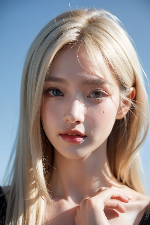 um close up de uma mulher com longos cabelos loiros e uma jaqueta azul, pale round face, extremely pale white skin, very very pale white skin, very very very pale white skin, very very pale white skin, sem maquiagem, she's facing the camera, pale glowing skin, 19-year-old girl, belo rosto redondo, soft flawless pale skin, rosto redondo macio, sexy, seios fartos, pernas a mostra