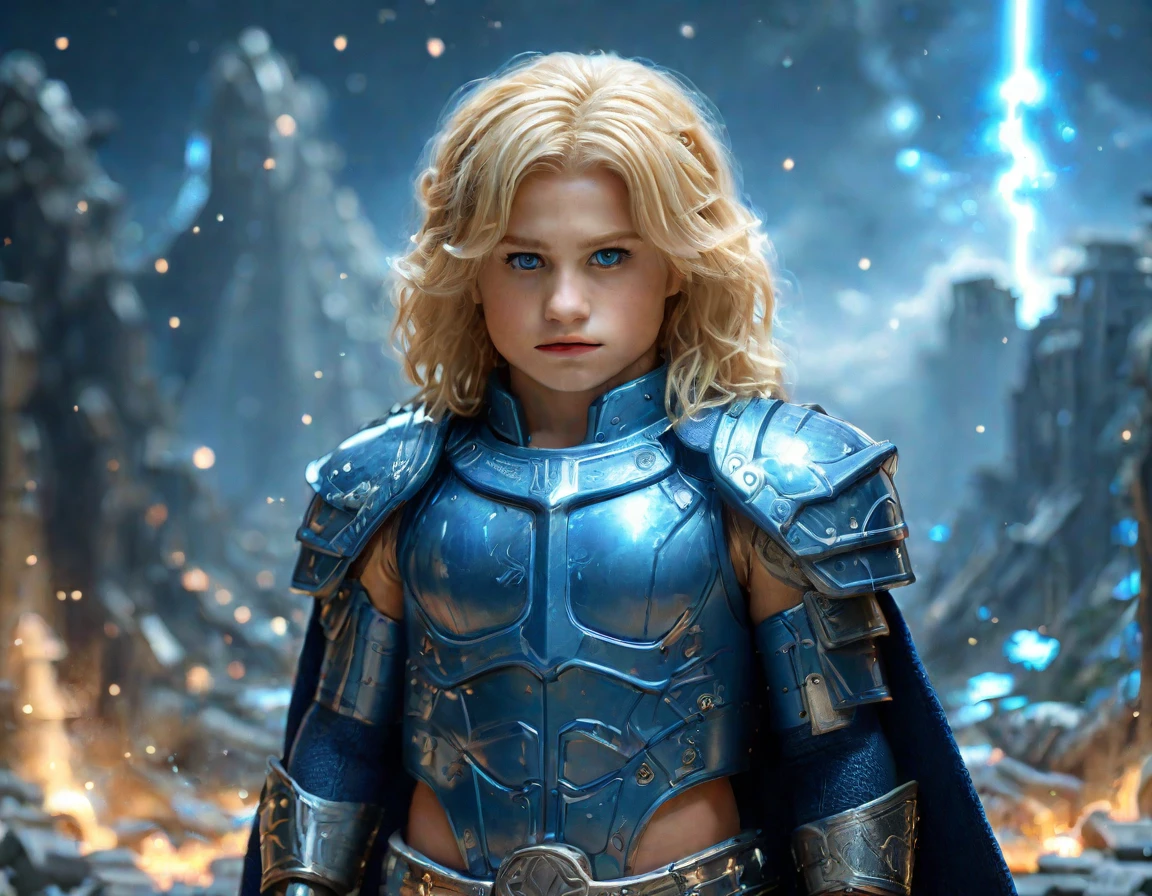 Children of Zeus in Greek Mythology,blonde, biceps,Little, blue eyes, Viewer Perspective,  milky way, Wearing blue armor