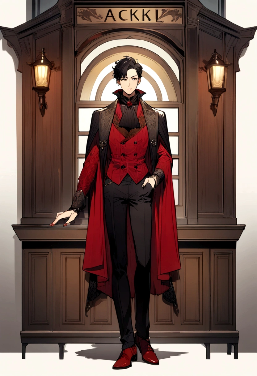 a boy, blackhair, pub, Character portrait, Fashionable clothes, Fantasy,whole body, Simple red outfit