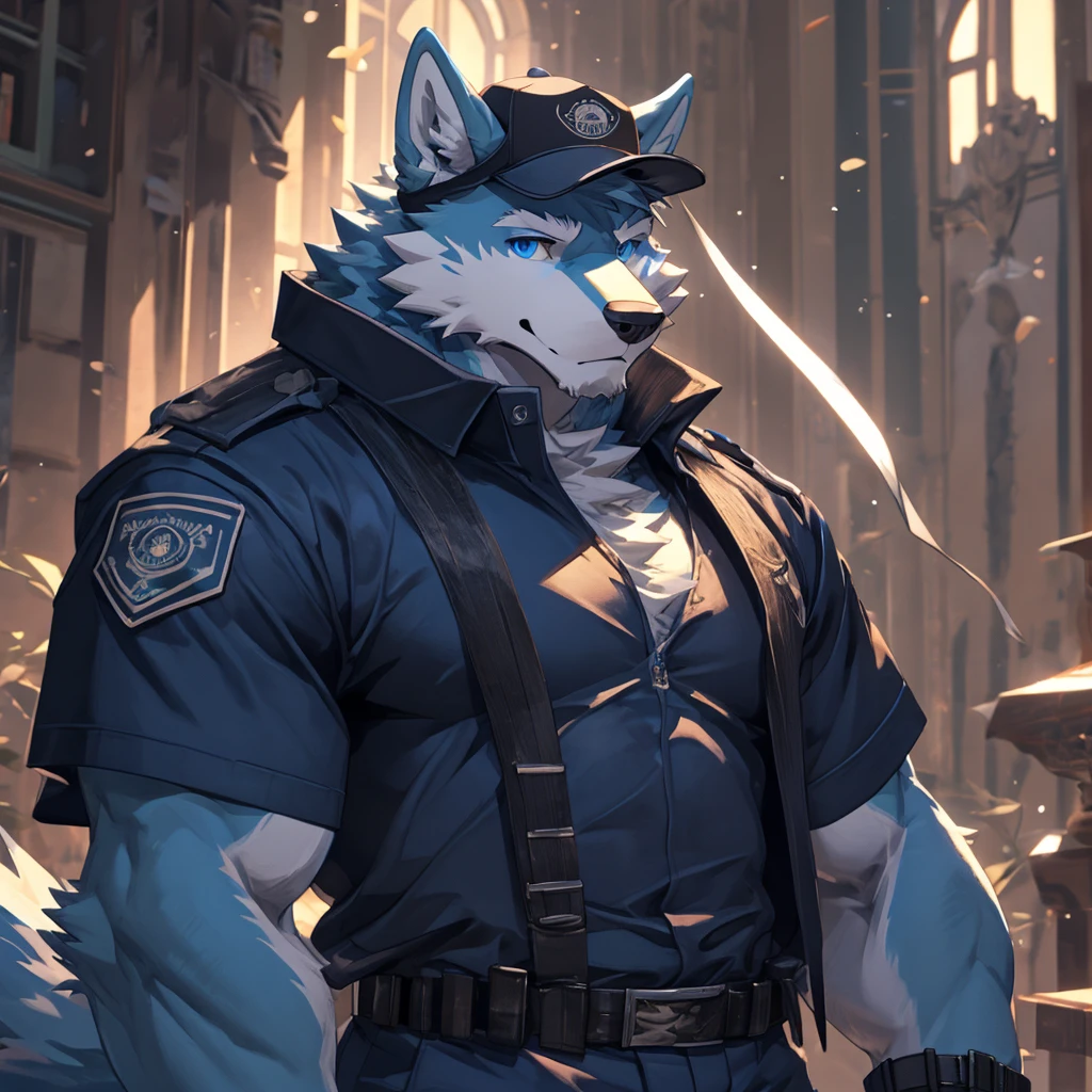 Masterpiece, Solo, Furry Light Blue Wolf, Light Blue Fur,Dark Blue Eyes, Horns, huge body, Muscular Body, Cool Pose, Charming, Handsome, Good Looking, big dick , cap