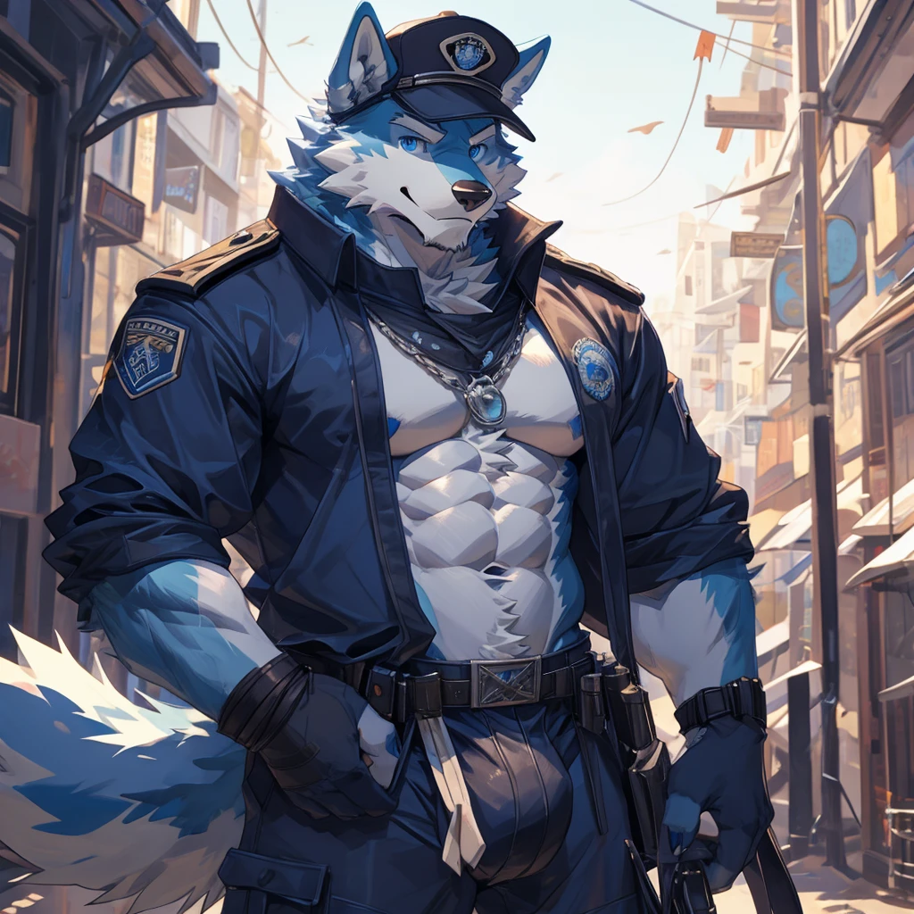 Masterpiece, Solo, Furry Light Blue Wolf, Light Blue Fur,Dark Blue Eyes, Horns, huge body, Muscular Body, Cool Pose, Charming, Handsome, Good Looking, big dick , cap