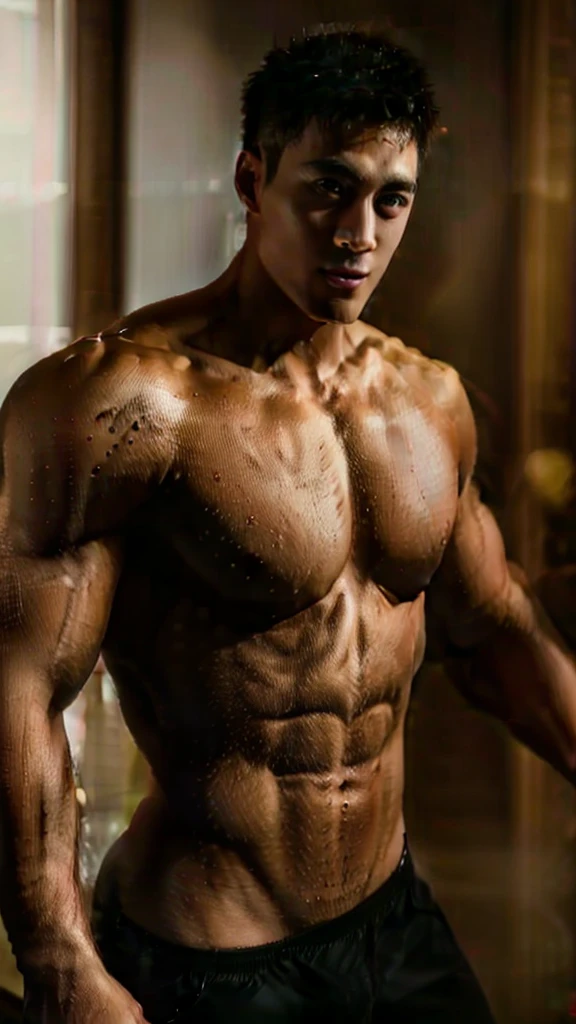 best quality, high quality, detailed,
a 28 year old hunk, wearing only black underwear, showing his chiseled chest, abs and arms.