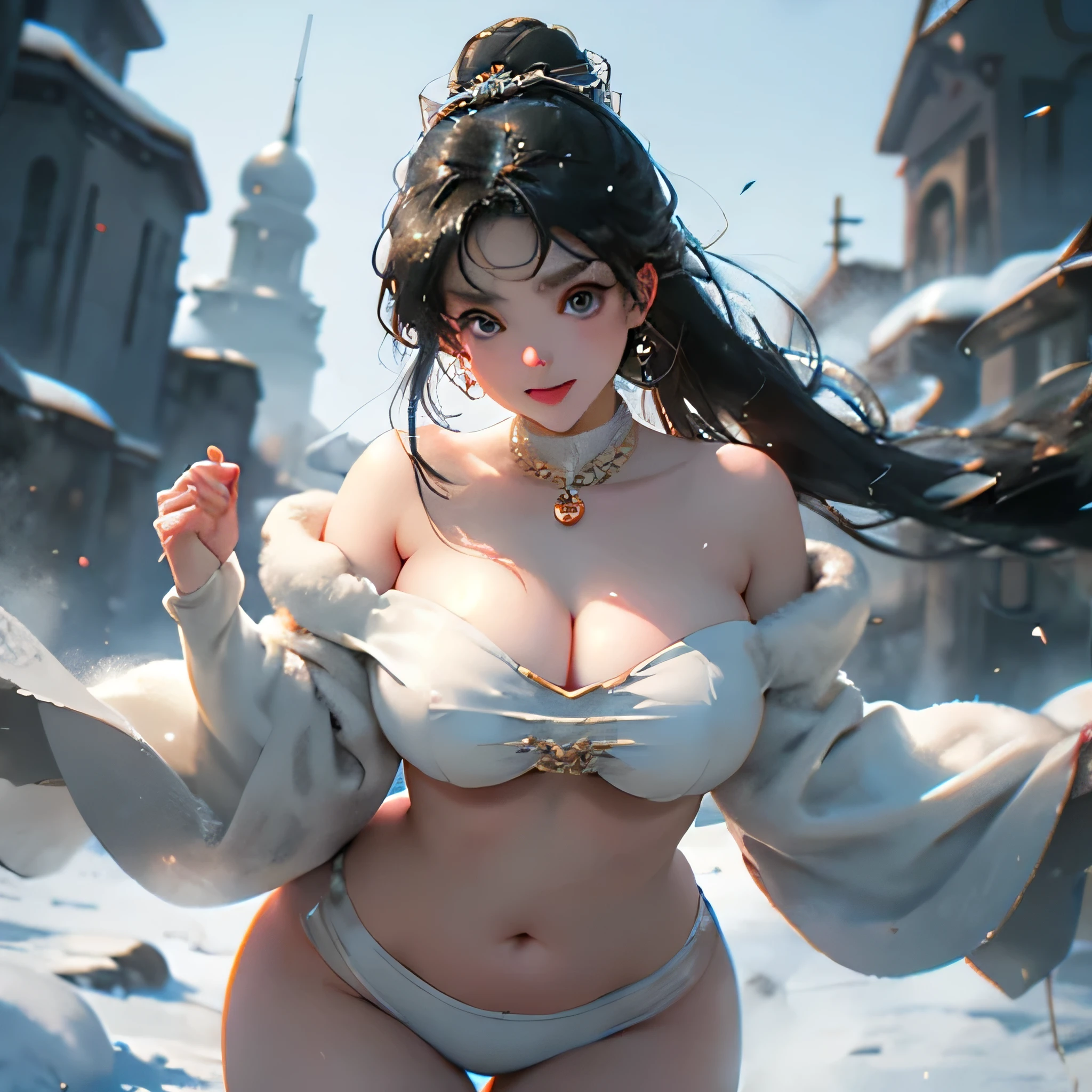 Very large O cup breasts、Shapely breasts 、 Show off your breasts、Silky shiny skin、sexly, Very beautiful lovely face、Cute face、 Gorgeous Silky Black Hair、Round eyes、 Bangs swaying in front of the face、A beautiful and cute 20-year-old woman、 Big and ample breasts、 she spreads her legs wide and flaunts、Showing very large breasts、 Plump、Super glamorous、Are fat、Bigfoot、Big body、 Chubby、Beautiful thighs、Low - Angle、Scene looking up from below、 Chubby weighs 80kg、cute、smile、Very glamorous、Japanese women、Clear white skin、Hokkaido in winter、Snowy Plains、Grey sweater、Wearing a bunny girl costume、ponytail