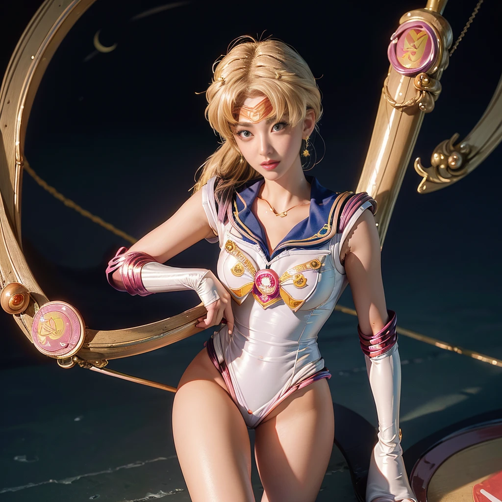 Highest quality，masterpiece，Ultra-high resolution, Very detailed, 8K， beautiful Japanese woman:1.5, Small face, Blonde, ((Woman crucified on the cross:1.5, Breast Augmentation Surgery)), (Detailed Sailor Moon costume:1.5), Very detailedな臭い脇の下、　Dynamic Angle