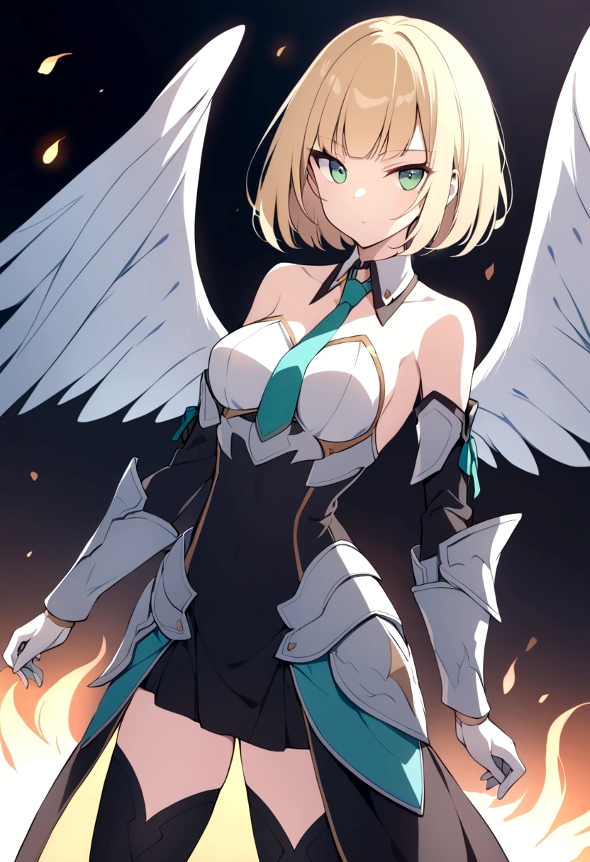 Egg-colored demon girl + Wear a white swimsuit with sleeves + white boots + It has white wings over black on its hips. + long yellow hair + yellow eyes + There is a small yellow star on the left cheek. + has a white tail + white ribbon + He has gray-white horns. + Has a black collar + There is a white shawl that leaves the middle