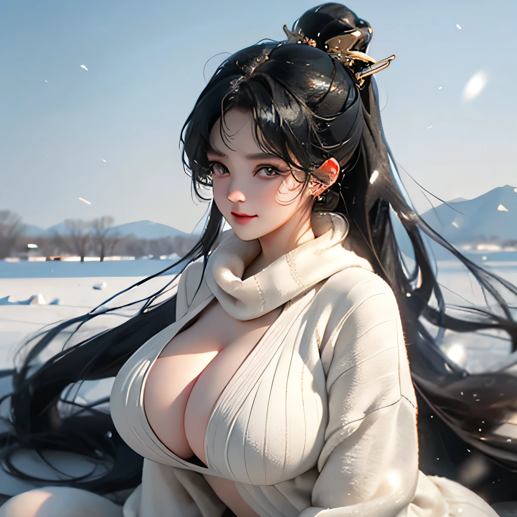 Very large O cup breasts、Shapely breasts 、 Show off your breasts、Silky shiny skin、sexly, Very beautiful lovely face、Cute face、 Gorgeous Silky Black Hair、Round eyes、 Bangs swaying in front of the face、A beautiful and cute 20-year-old woman、 Big and ample breasts、 she spreads her legs wide and flaunts、Showing very large breasts、 Plump、Super glamorous、Are fat、Bigfoot、Big body、 Chubby、Beautiful thighs、Low - Angle、Scene looking up from below、 Chubby weighs 80kg、cute、smile、Very glamorous、Japanese women、Clear white skin、Hokkaido in winter、Snowy Plains、Grey sweater、Wearing a bunny girl costume、ponytail
