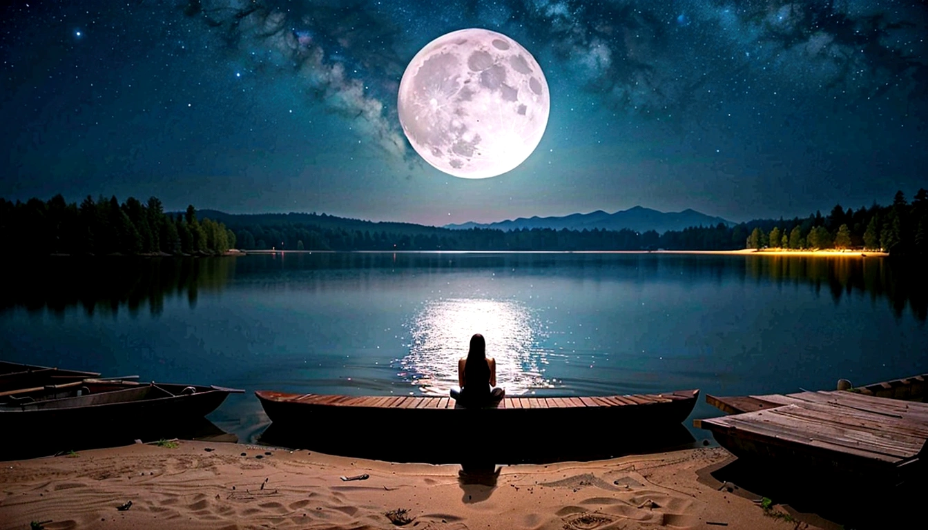 Lake at night、Big full moon、Big semicircular moon、Vast night sky、Peaceful、Shine、Fantasy、Cinematic、8K、Ultra HD。