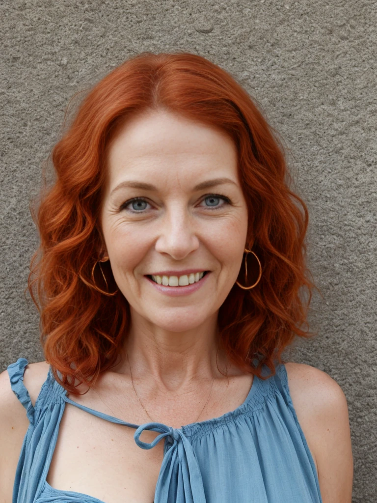 1girl, solo, realistic, anorexia, ((ugly:1.5)), German woman, ((mature)), ((old woman)), ((wrinkled body)), (65-years-old), (German woman features), curly red hair, (German blue-eyes), long curly hair, hair bobbles, light freckles on cheeks and nose, eye wrinkles, plump lips, (German old body), she is Amanda and she has fair skin, (upper body and upper legs), (background: outside Honolulu beachside), wearing maxi dress, smiling, (((ginger-red hair)))