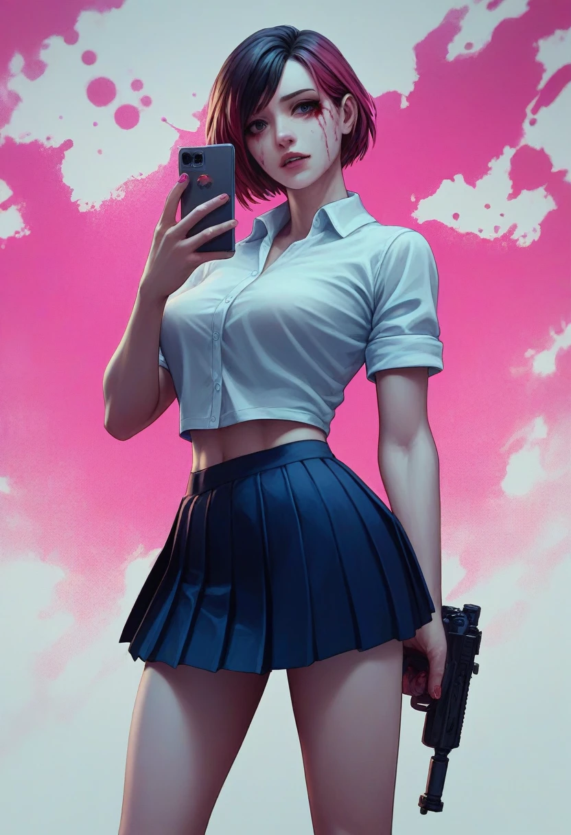 Beautiful girl in (short pleated yoke skirt),с причёской Twin-Tail, with bloody hair, in neon background, in hand with a machine gun, 3D wallpaper for phone.