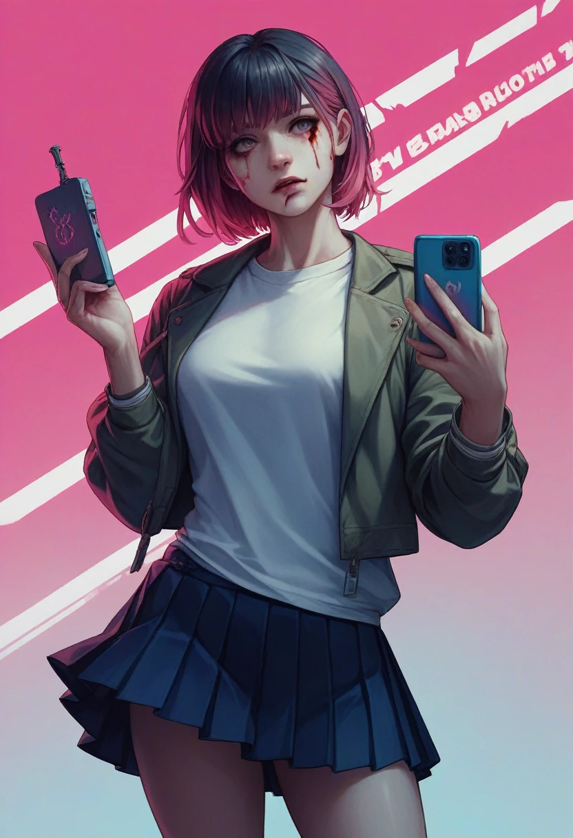 Beautiful girl in (short pleated yoke skirt),с причёской Twin-Tail, with bloody hair, in neon background, in hand with a machine gun, 3D wallpaper for phone.