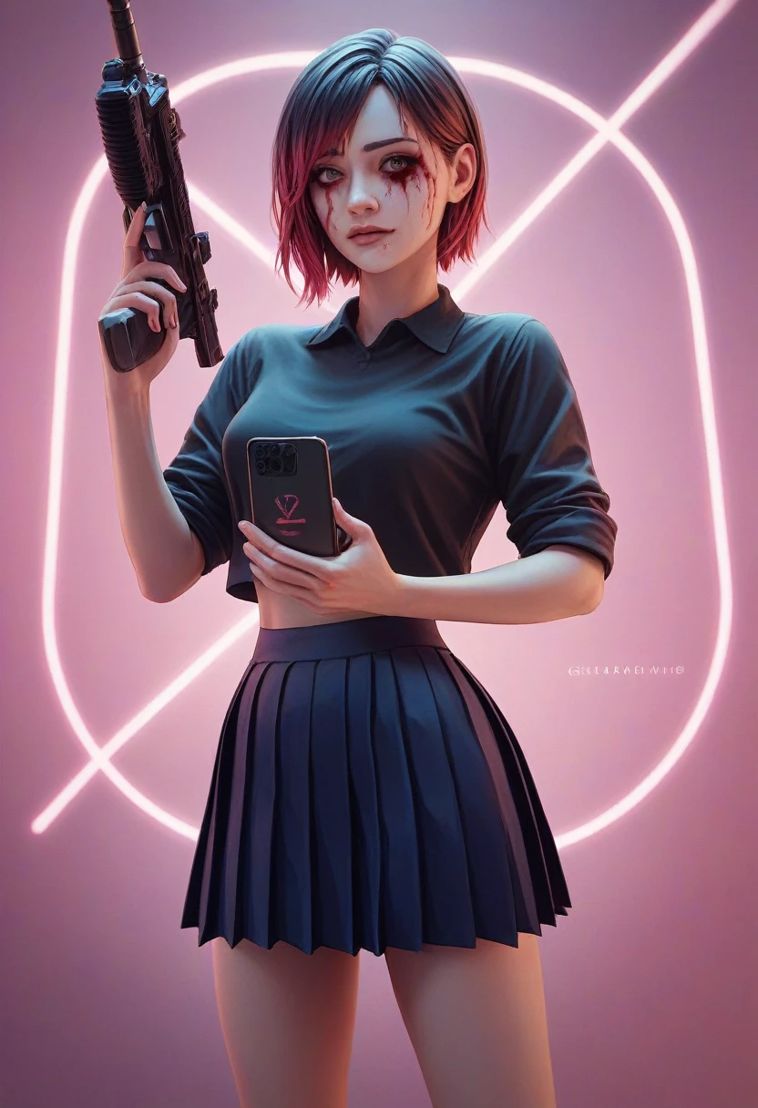 Beautiful girl in (short pleated yoke skirt),с причёской Twin-Tail, with bloody hair, in neon background, in hand with a machine gun, 3D wallpaper for phone.