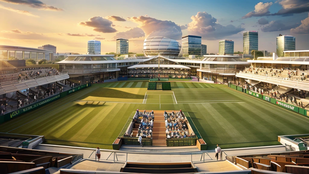 a panoramic view of LONDON Wimbledon striped tennis court in on a sun day, where golden light bathes the iconic clay courts. Without players. The stadium’s modern yet elegant architecture frames the action against the London city skyline with london eye. This panoramic view captures the timeless allure of tennis and the vibrant spirit of London on a bright day