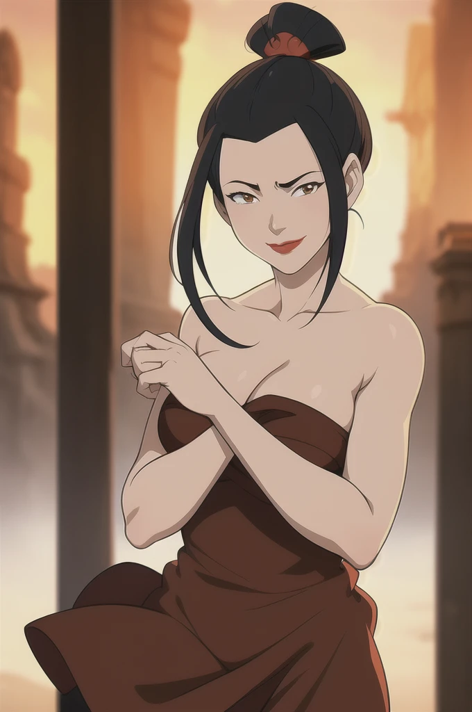  (anime), cartoon, detailed, azula, 1girl, solo, short hair, black hair, hair ornament, ponytail,  brown eyes,  lipstick,  red lips, no clothes, breasts out, mature, art by greg rutkowski and artgerm, soft cinematic light, highly detailed, (depth of field:1.4), soft light, sharp, exposure blend, medium shot, bokeh, (hdr:1.4), high contrast, art [[by jordan grimmer]], closeup, happy face, smiling, blushing, shy, proud, posing, upper body