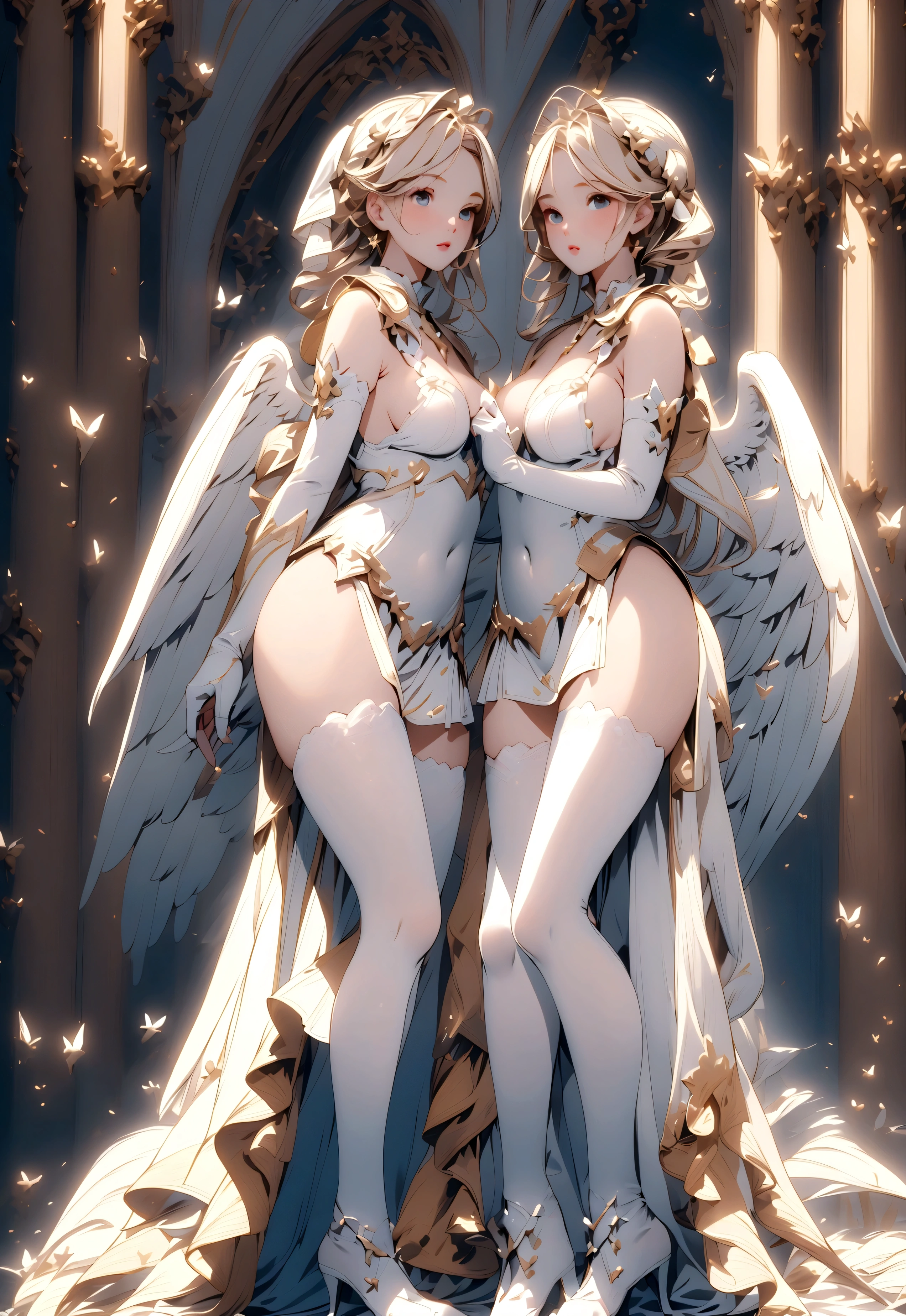 (Masterpiece), (need), (Super detailed), (Full Body Love: 1.2), (I am), Two twins with breasts, One is a blonde,The other one is a white-haired girl,Wearing angel costume,With beautiful white wings, characters come back to them,Classic European long skirt