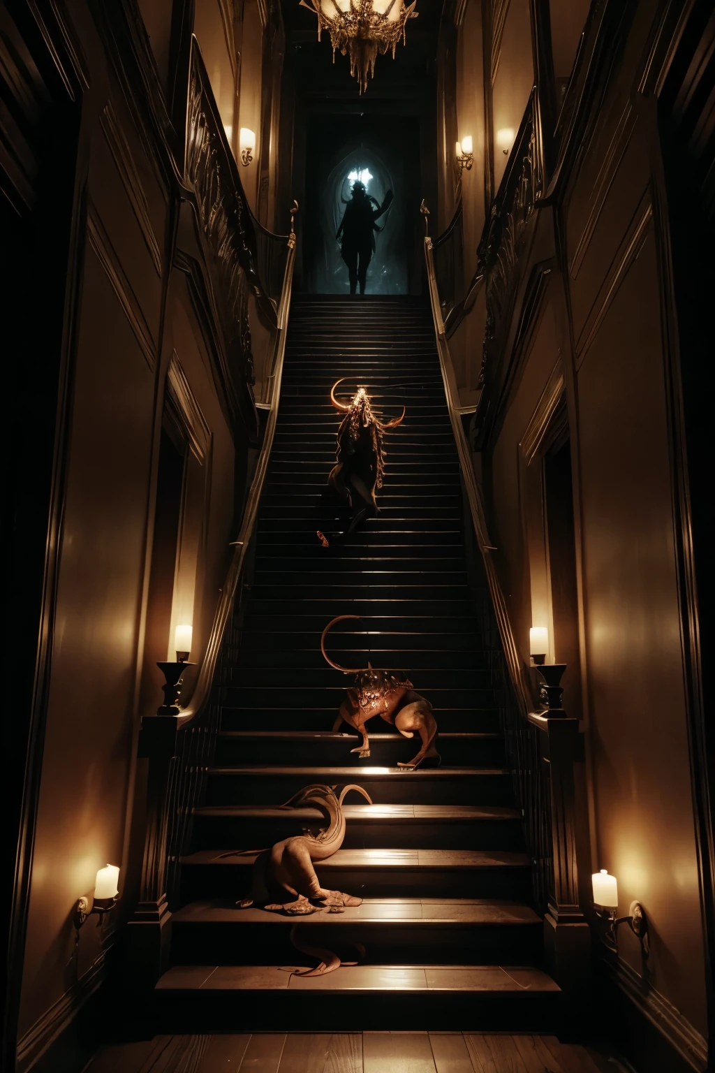 I understood! Let's create this detailed and realistic image with the three demons on a staircase in hell. I will imagine the scene and describe it:
On the winding staircase of hell, the three demons are positioned on different levels:
1. The first demon, at the lowest level of the staircase, has his hands around his mouth, expressing a deafening scream. His contorted face shows anguish and despair, with flames all around, highlighting your presence in the hellish environment.
2. Going up a level, the second demon has his eyes wide open, holding a pair of binoculars. He intensely observes something in the distance, his expression reveals curiosity and a keen attention to the dark details of the hell that surrounds him.
3. At the highest level of the staircase, the third demon is glued to an uneven wall. He holds a glass to the wall, listening carefully to the sounds that echo through the hellish environment. His posture suggests he is absorbing secret or conspiratorial information, picking up murmurs and whispers that echo off the sheer walls of hell.
The surrounding scenery is dark and full of macabre details., with the walls of the staircase covered in carvings and reliefs representing scenes of torment and suffering. Flames dance around the uneven steps, casting distorted shadows over the demons and the surrounding environment.
This image seeks to convey an atmosphere of tension and mystery., with the demons representing different states of emotion and activity within this hellish environment.