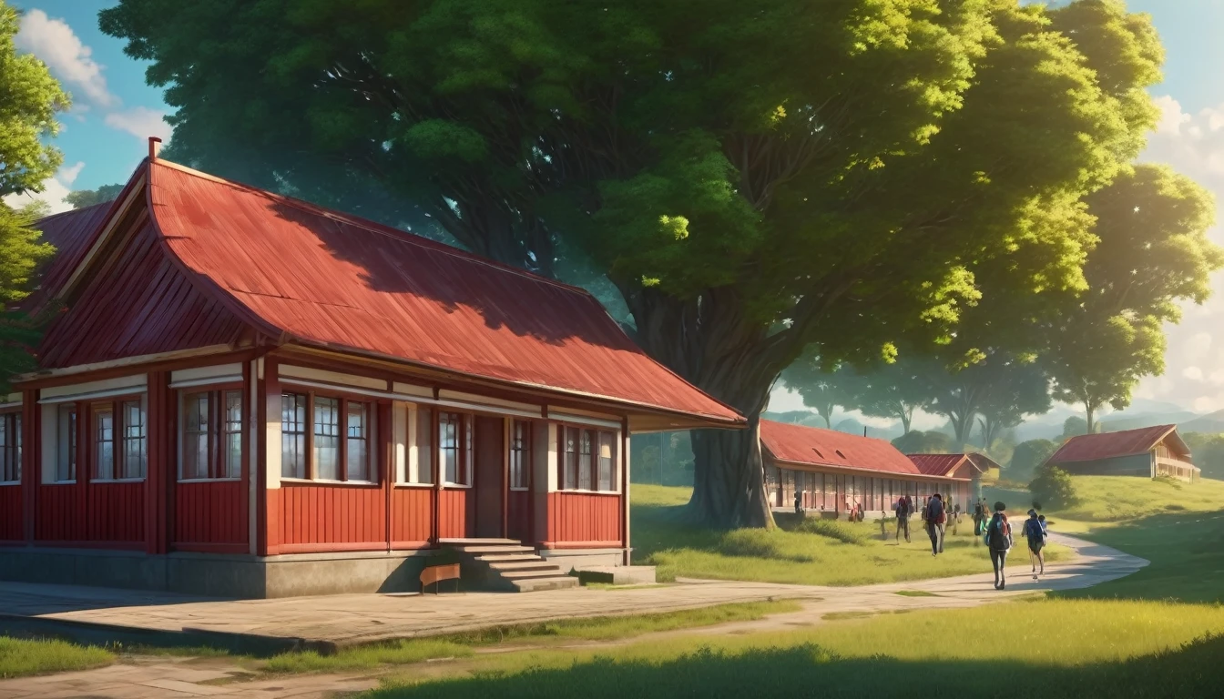 a small rural school in the morning, beautiful countryside landscape, rolling hills, lush green meadows, wooden school building with red roof, students walking to school, backpacks, bicycles, morning sunlight, warm tones, detailed architecture, cinematic composition, photorealistic, 8k, hyper detailed, masterpiece