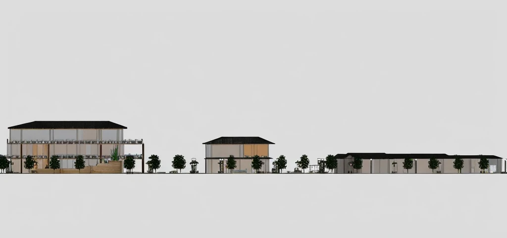 Highest quality,Chinese Ink Painting,antiquity,Rectangular architecture,People view,Glass facades,Clean sky,Clean glass,Trees,Soft sunlight,Decorative Arts,Sloped roof,Best quality,Architectural Photography,Photorealism,Hyperrealism,Ultra Detailed,V-ray,(architectural design)