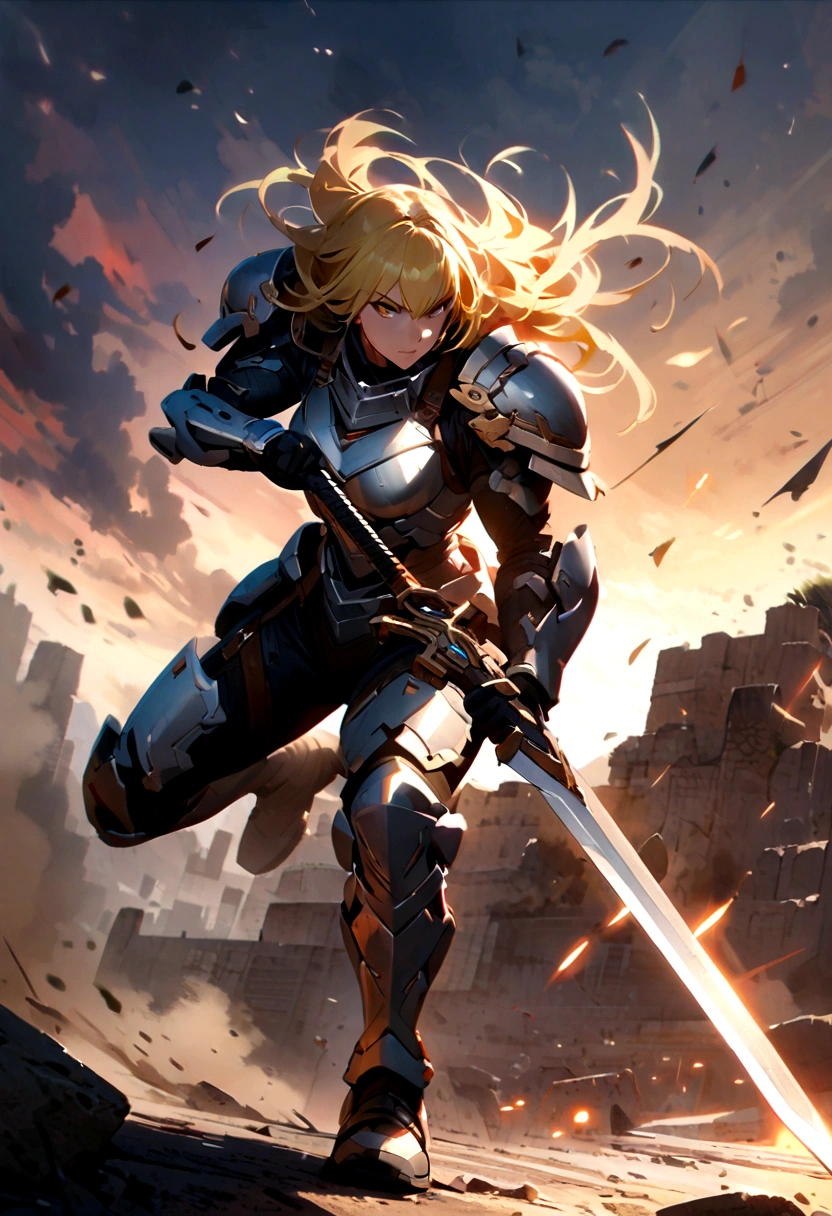 Combat Actions, Holding sword, Full Body,yellow HAIR, Super Sexy ,ultra-detailed, ((High resolution)),((high detailed)),Light Armor
