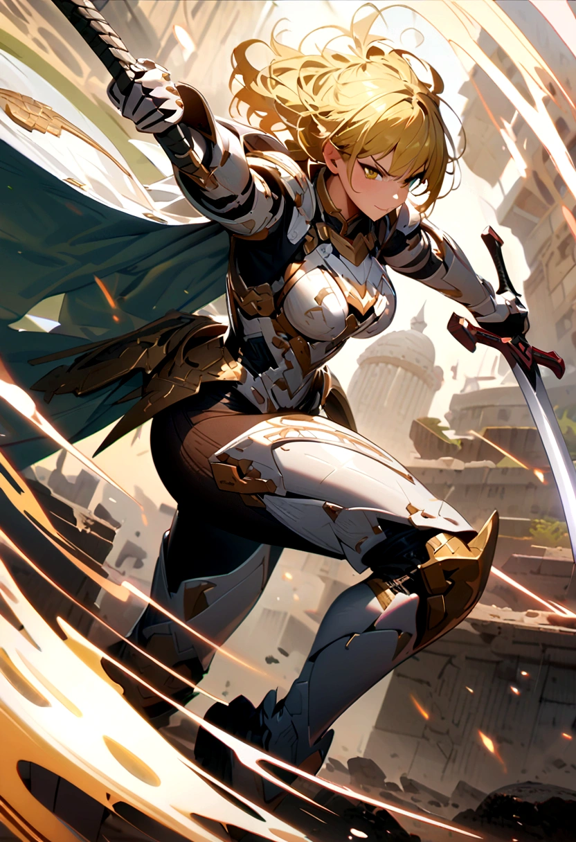 Combat Actions, Holding sword, Full Body,yellow HAIR, Super Sexy ,ultra-detailed, ((High resolution)),((high detailed)),Light Armor