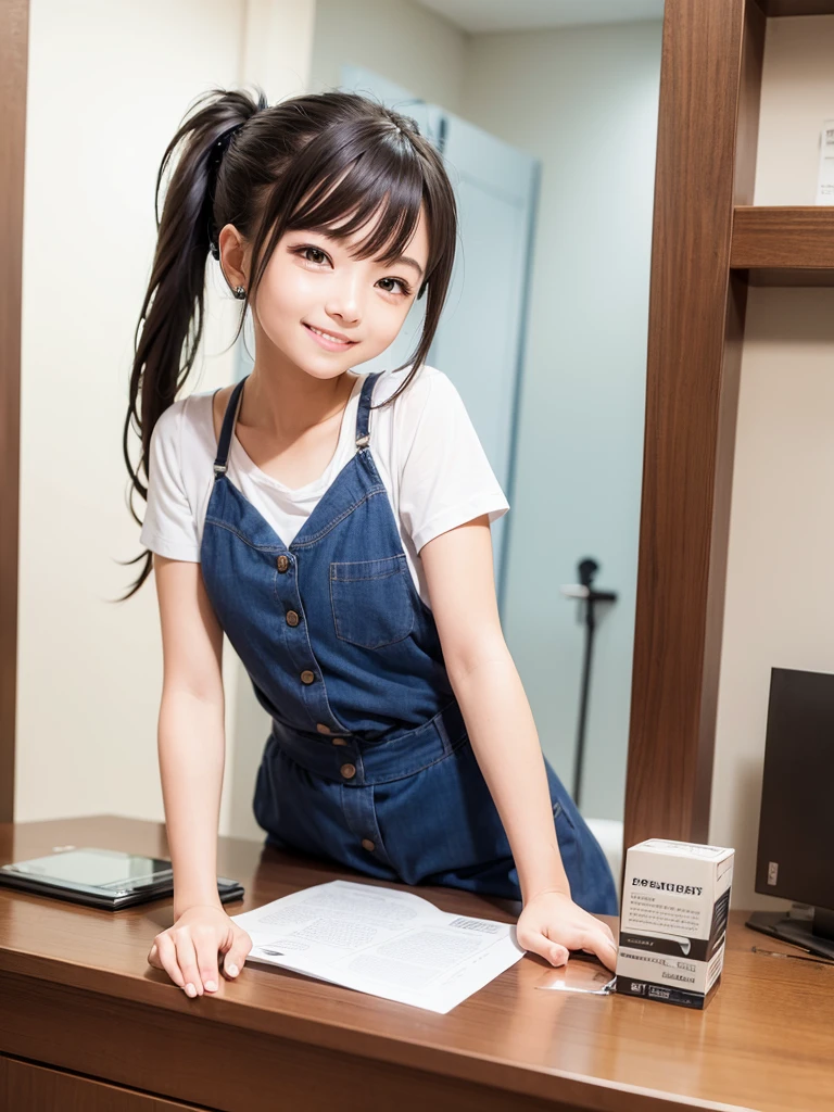 (Highest quality), (masterpiece), 1girl, pharmacist, Dispensing, Dispensing Room, smile, Hair tied in a ponytail