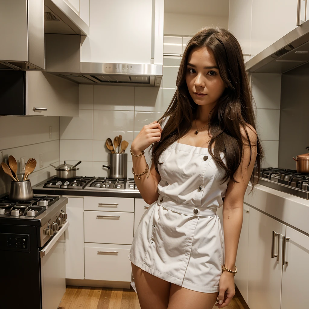 1girl in, 30 years old, Square face, Long hair, Looking at viewer, jewelry, Realistic, Sexy, chef outfit, kitchen background, free pose