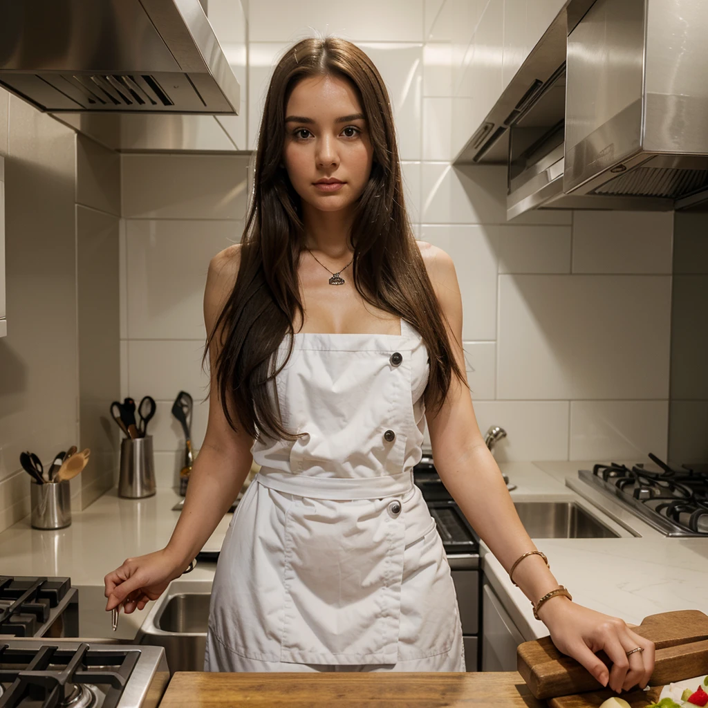 1girl in, 30 years old, Square face, Long hair, Looking at viewer, jewelry, Realistic, Sexy, chef outfit, kitchen background, free pose