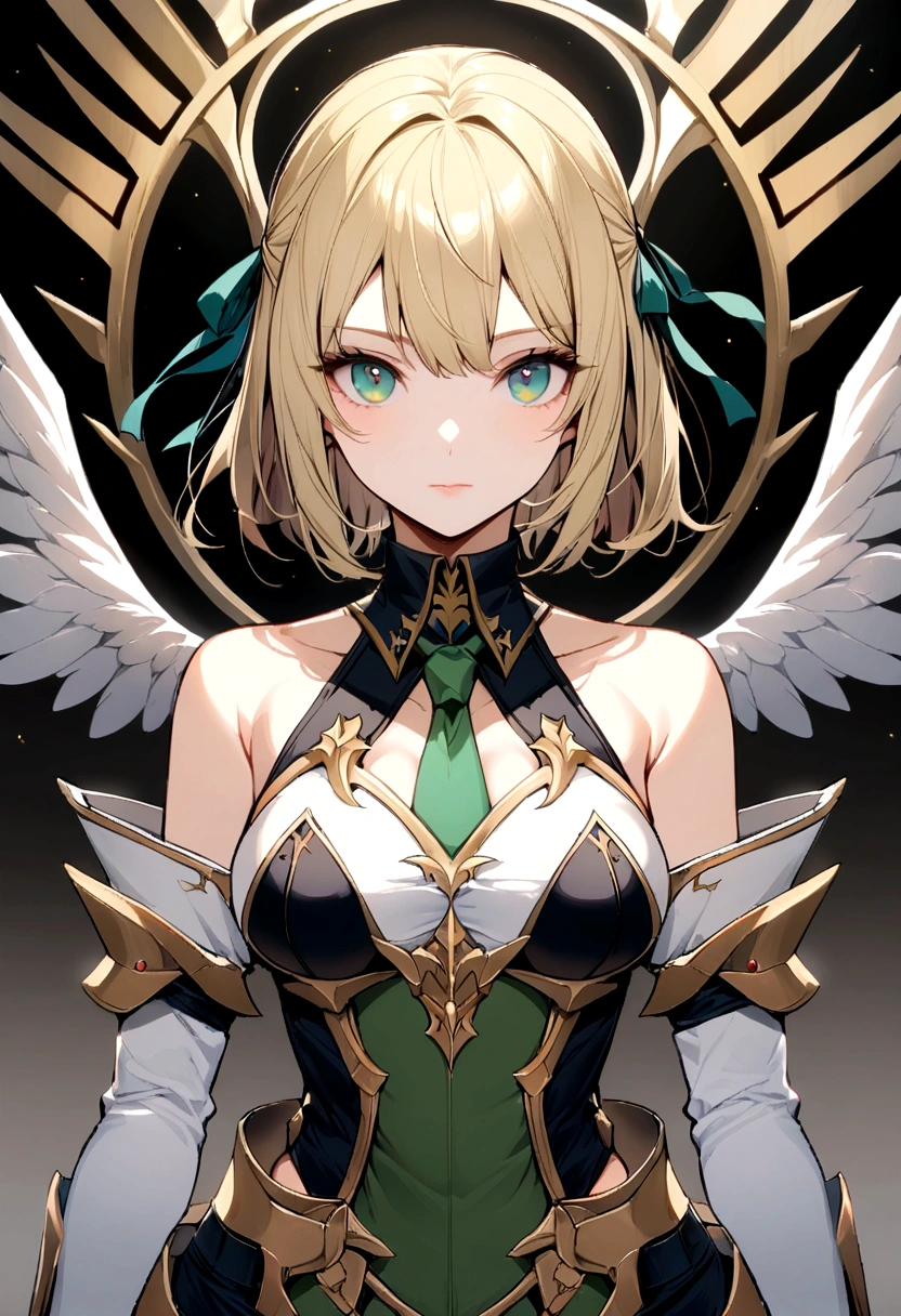 slender, mature female,rating:safe, 1girl, blonde_hair, green_eyes, solo, detached_collar, armor, gloves, bare_shoulders, ribbon, detached_sleeves, hair_ribbon, breasts, armored_dress, short_hair, closed_mouth, wings, looking_at_viewer, bangs, dress, white_gloves, necktie, medium_breasts, blue_eyes, faulds