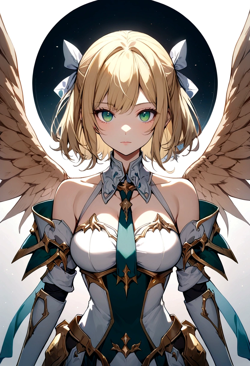 slender, mature female,rating:safe, 1girl, blonde_hair, green_eyes, solo, detached_collar, armor, gloves, bare_shoulders, ribbon, detached_sleeves, hair_ribbon, breasts, armored_dress, short_hair, closed_mouth, wings, looking_at_viewer, bangs, dress, white_gloves, necktie, medium_breasts, blue_eyes, faulds