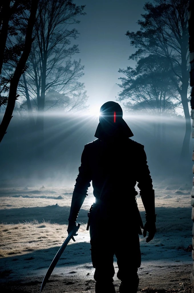 A silhouette of a blade or sword partially hidden in shadows or mist, with glowing eyes or a faint outline of a face in the background to suggest a cryptic presence.