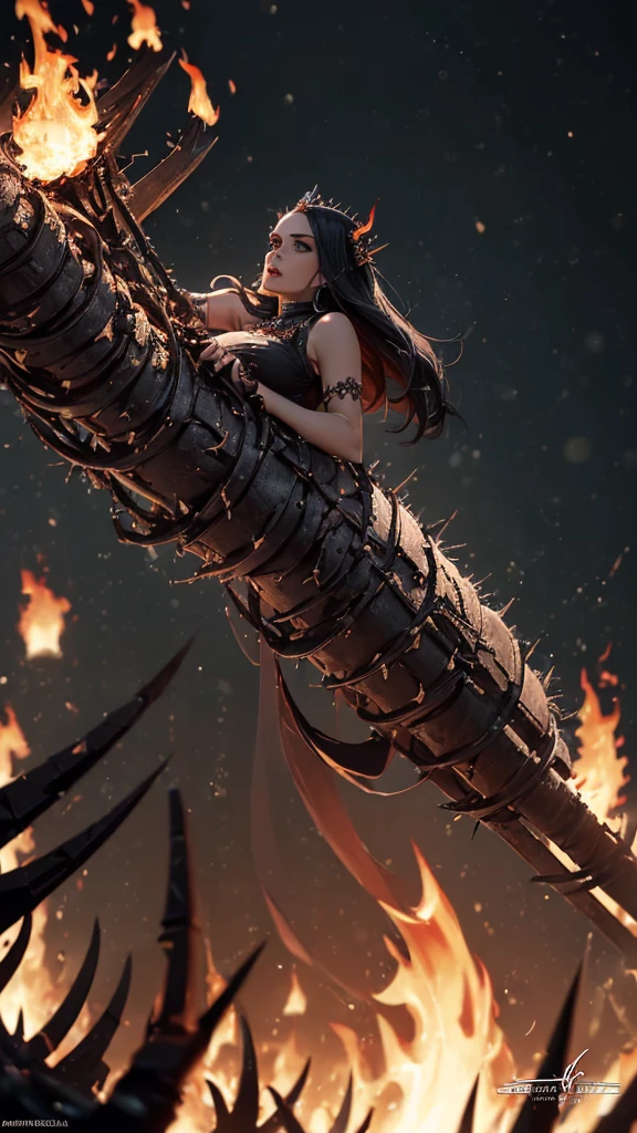 (low angle view:1.5), (fully body:1.5),1 Sexy Demon, queen of the damned, Woman, busty, curvy hips, skull, black armour, (holding flames:1.4), Crown of the thorns of the skeletal ram, Flame Shoes, Dynamic Digital Painting, (bokeh:1.5)，Epic composition, improve the quality of the face