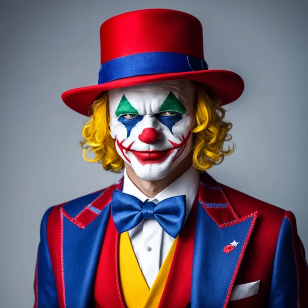 映画Jokerのような,hair is yellow,Hats come in three colors,Realな人間,Illustration is different,clown,Joker,Face white,Cross painted on eyes,Yellow hair,Three-color hat,whole body,4K,high resolution,uncle,Real,Real Humans,Man in his 40s,The hat is white, blue and red,Star-patterned clothing,White gloves,Big red paint on mouth,The hat is white, red and blue,whole bodyは青と赤と白,bow tie is red,The hat is white with red and blue stripes.,The hat has a star pattern,The hat is striped