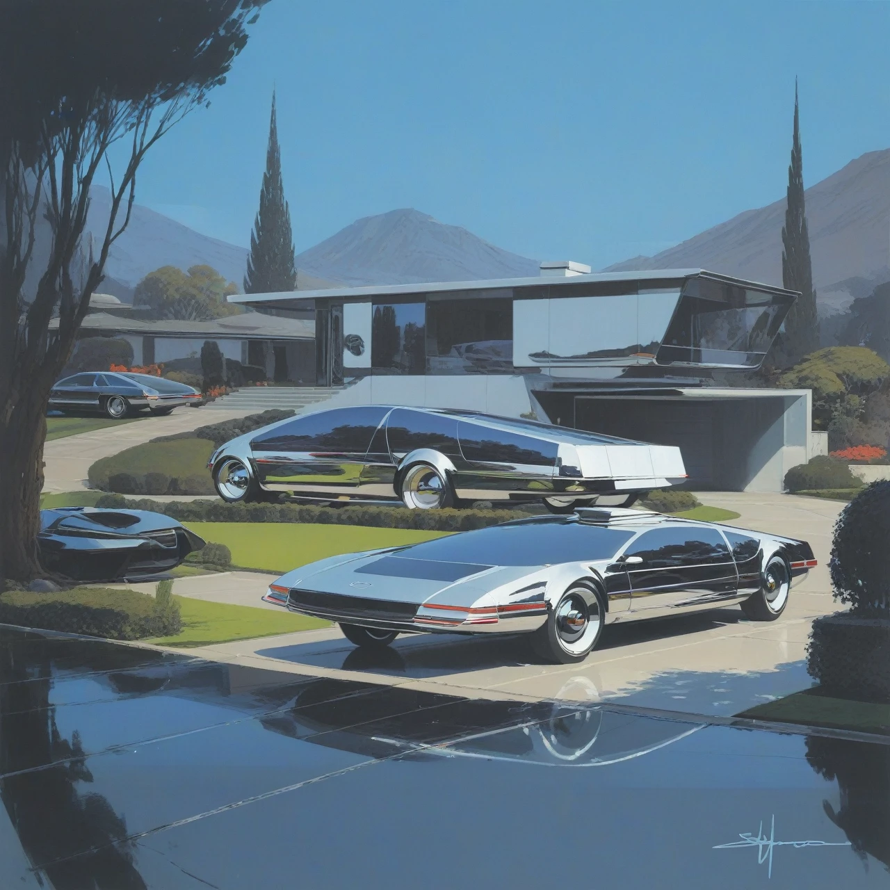 painting of an american house and a chrome car in the driveway, futuristic concept art by syd mead, 