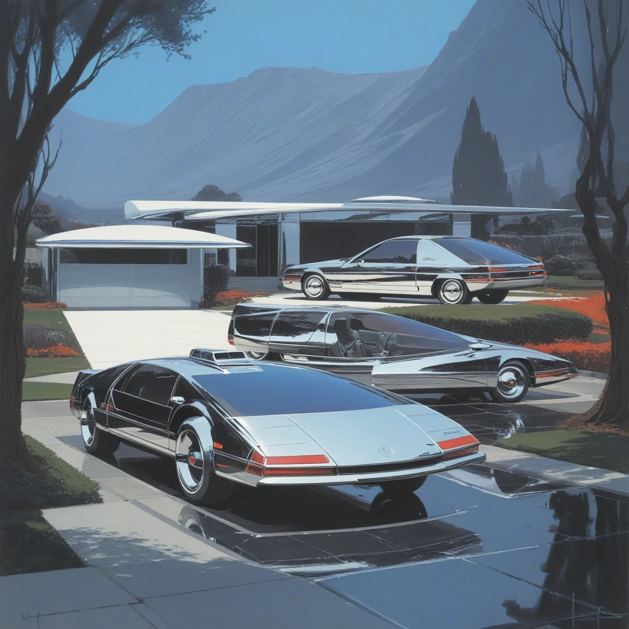 painting of an american house and a chrome car in the driveway, futuristic concept art by syd mead, 