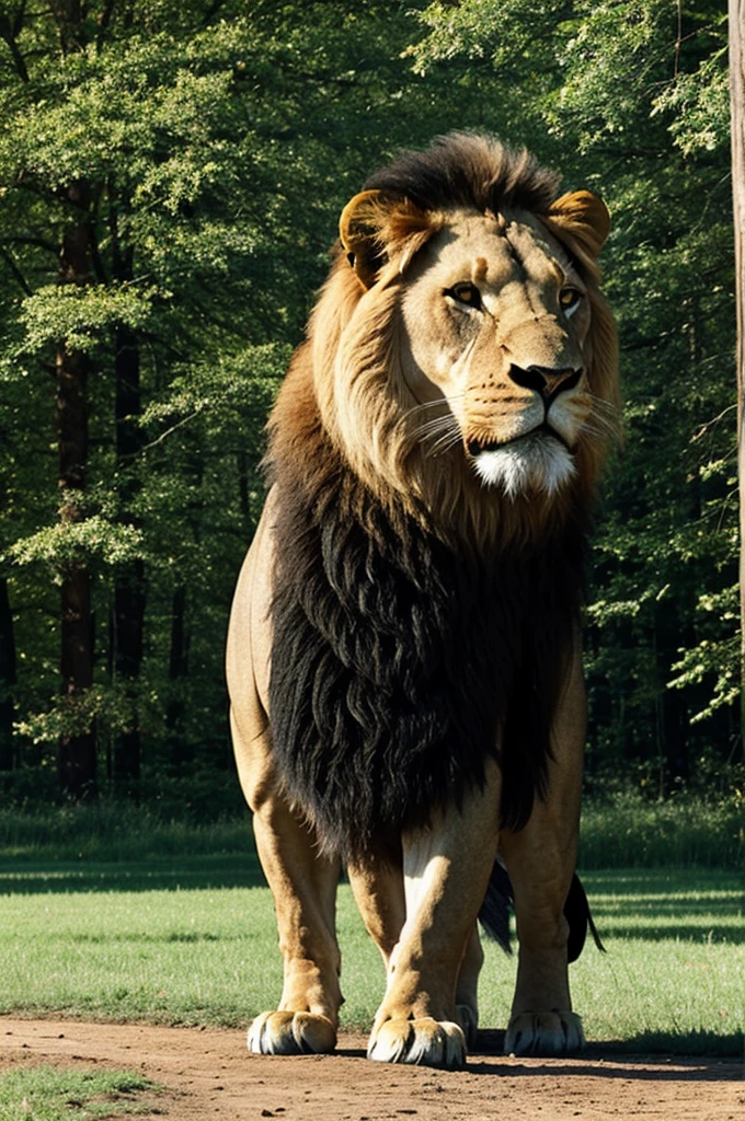 A lion in a submissive posture, bowed with head down and showing respect, in front of a large and imposing log. The lion has a calm and submissive expression, with one front leg slightly extended forward. The bull, with its large size and curved horns, has a majestic and dominant presence. Both animals are in a green meadow under a clear blue sky, in a scene that reflects a balance of respect and power between the two creatures.