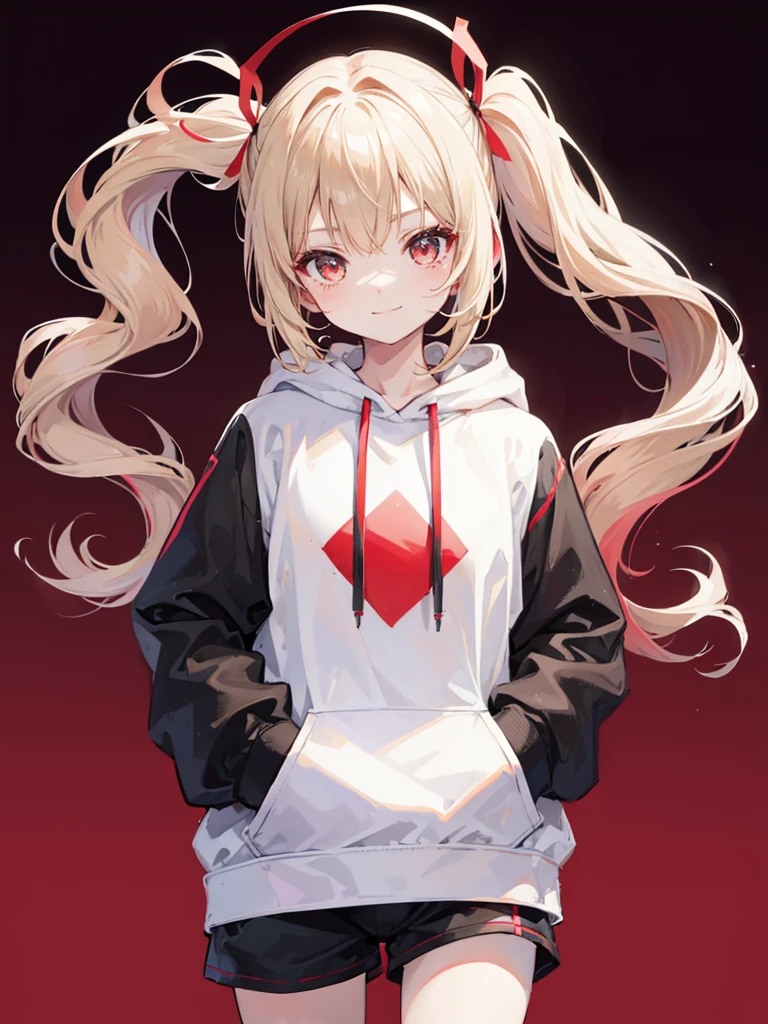 One girl in anime、Beige hair、Eye color red、Twin tails、Simple hair ribbon、Black large hoodie、Shorts、Background white、Simple background、smile、Hands in pockets