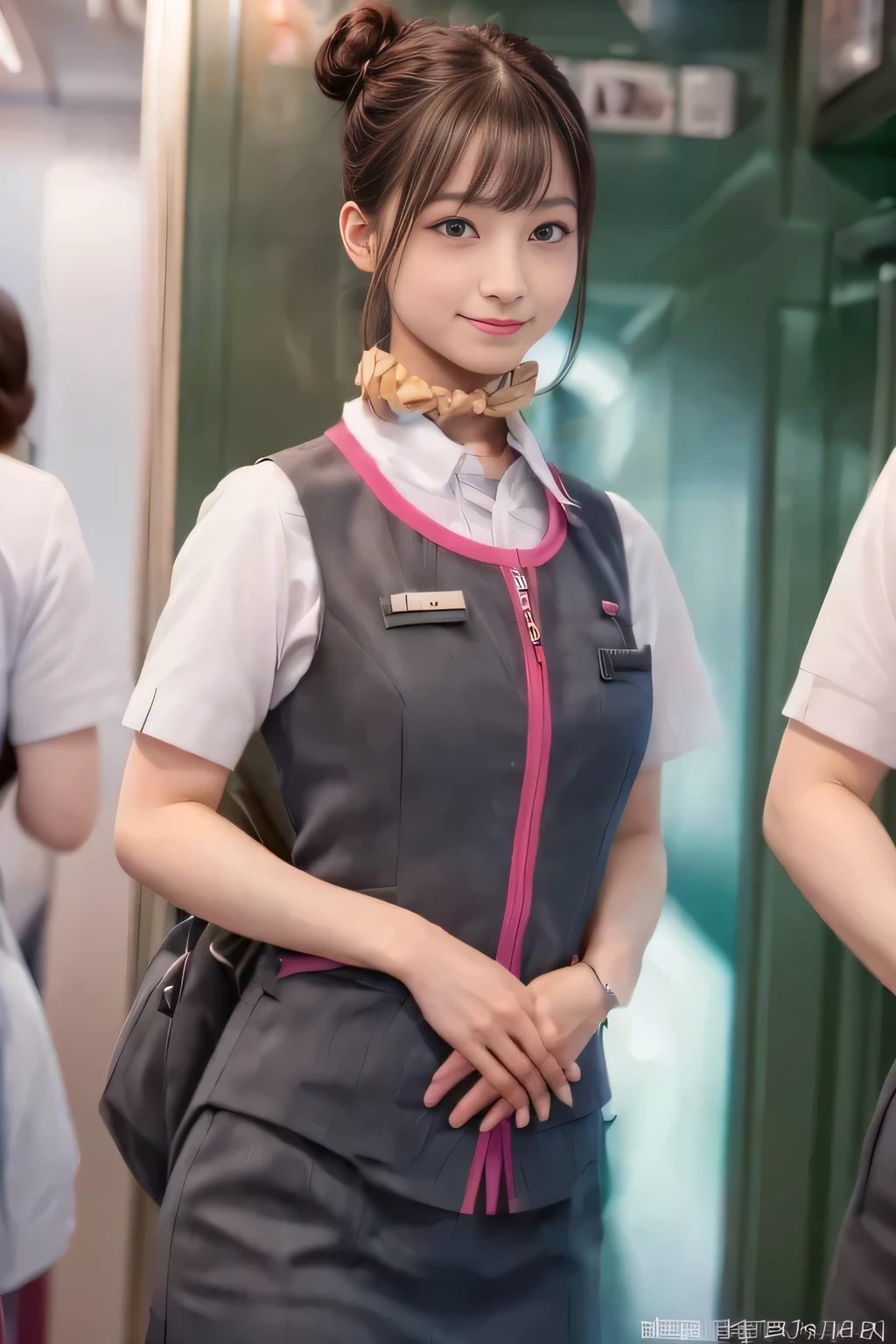 (masterpiece:1.2, Highest quality:1.2), 32k HDR, High resolution, (alone、1 Girl)、(Ride the bullet train、Professional Lighting)、Background in the car、(Realistic style of JR Gran Class crew uniform)、Short sleeve blouse、a scarf around the neck、(JR Gran Class flight attendant uniform with pink parts on the skirt sleeves)、(The uniform of a flight attendant in JR Gran Class has a pink line on the front zipper of the vest.)、Dark brown hair、(Hair tied up、Hair Bun、Hair Bun)、Dark brown hair、Long Shot、Big Breasts、((Great hands:2.0)),((Harmonious body proportions:1.5)),((Normal limbs:2.0)),((Normal finger:2.0)),((Delicate eyes:2.0)),((Normal eyes:2.0)))、Luxury Necklace、smile、Beautiful standing posture,