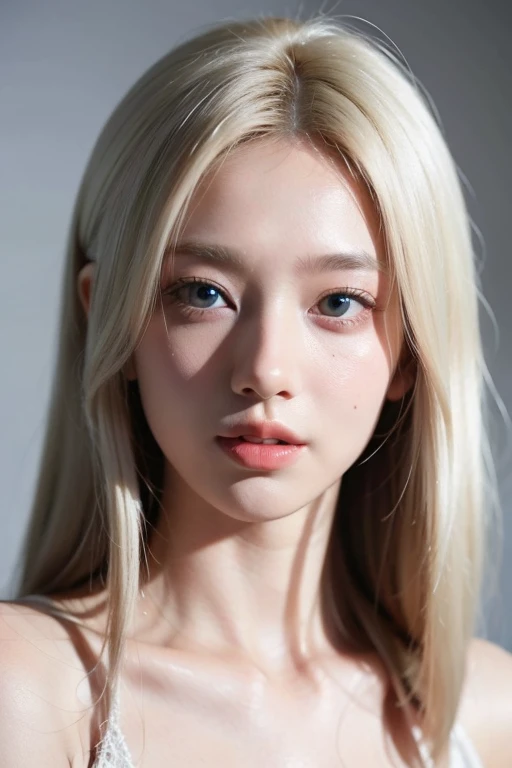 a girl identical to Jang Wonyoung and Sullyoon with Caucasian features and a jovial appearance, She looks completely ethereal and angelic, her hair is almost white blonde., her skin is very pale and she is very thin, His nose is small and thin and turned up. His eyes are sky blue but lighter. His lips are too big and pompous and his eyes also have a shine. His nose is small, narrow and very thin. He has a mole below the eye on and another one near the corner of his mouth is playing on a set up gamer