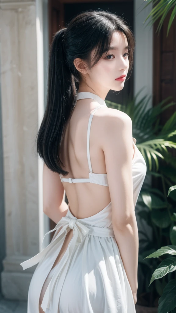 Innocence, Dark green hair, Double tail, Put your hands behind your back, White Dress, Black belt, A girl,blue eyes,