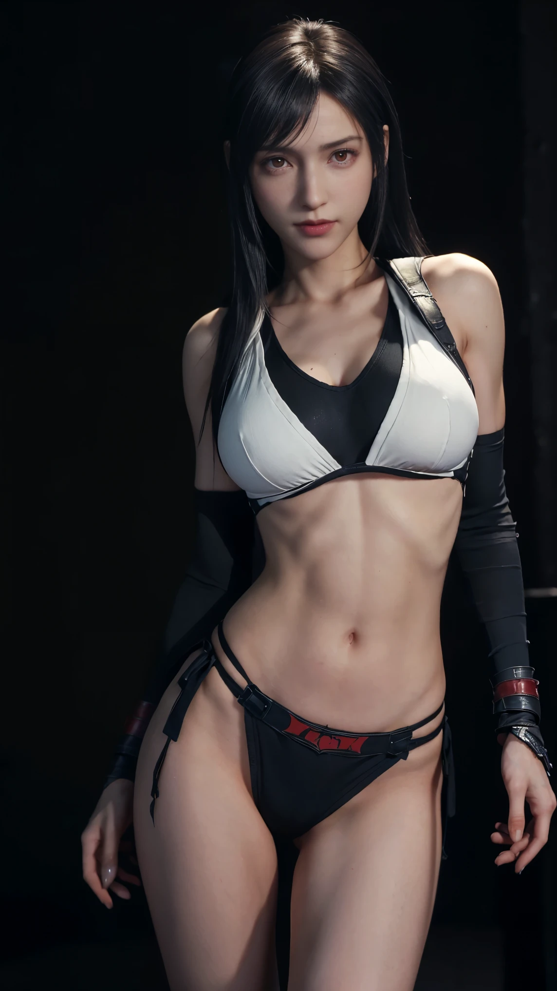 8K, Top Quality, Intricate Details, Ultra Detail, Ultra High Resolution, Masterpiece, close up shot, (full body: 1.1), Slender, Smile, (Makeup: 0.4), (), (Fluffy  Eyes: 1.21), ((bangs)), 1girl, solo, 1 girl, (((red eyes, black hair, bangs, long hair)), ((Tifa,Tifa･lockhart,Final Fantasy 7,FF7,l)), close up shot, , ((tall)), (((fit body))), (((slim face))), sharp face, ((spideman suit)) , (detailed face), sharp face, small lips, ( super pose ), 
 ((,  )), , ((,)), detailed face, detailed breast, large breast, huge breast, (( )), detail ass, Narrow Waist, Skinny, tall , 175 cm tall, Muscular, Navel, Exposed Abdomen, Pointed Chest,, Beautiful girl with accentuated slender abs: 1.4, Six Pack Abs: 1.4,, Perfect Body, detail leg, (( dark background)), black background,