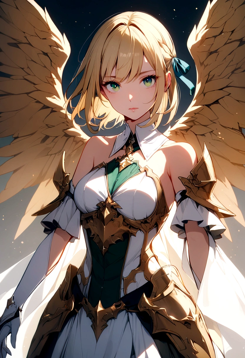 slender, mature female,rating:safe, 1girl, blonde_hair, green_eyes, solo, detached_collar, armor, gloves, bare_shoulders, ribbon, detached_sleeves, hair_ribbon, breasts, armored_dress, short_hair, closed_mouth, wings, looking_at_viewer, bangs, dress, white_gloves, necktie, medium_breasts, blue_eyes, faulds