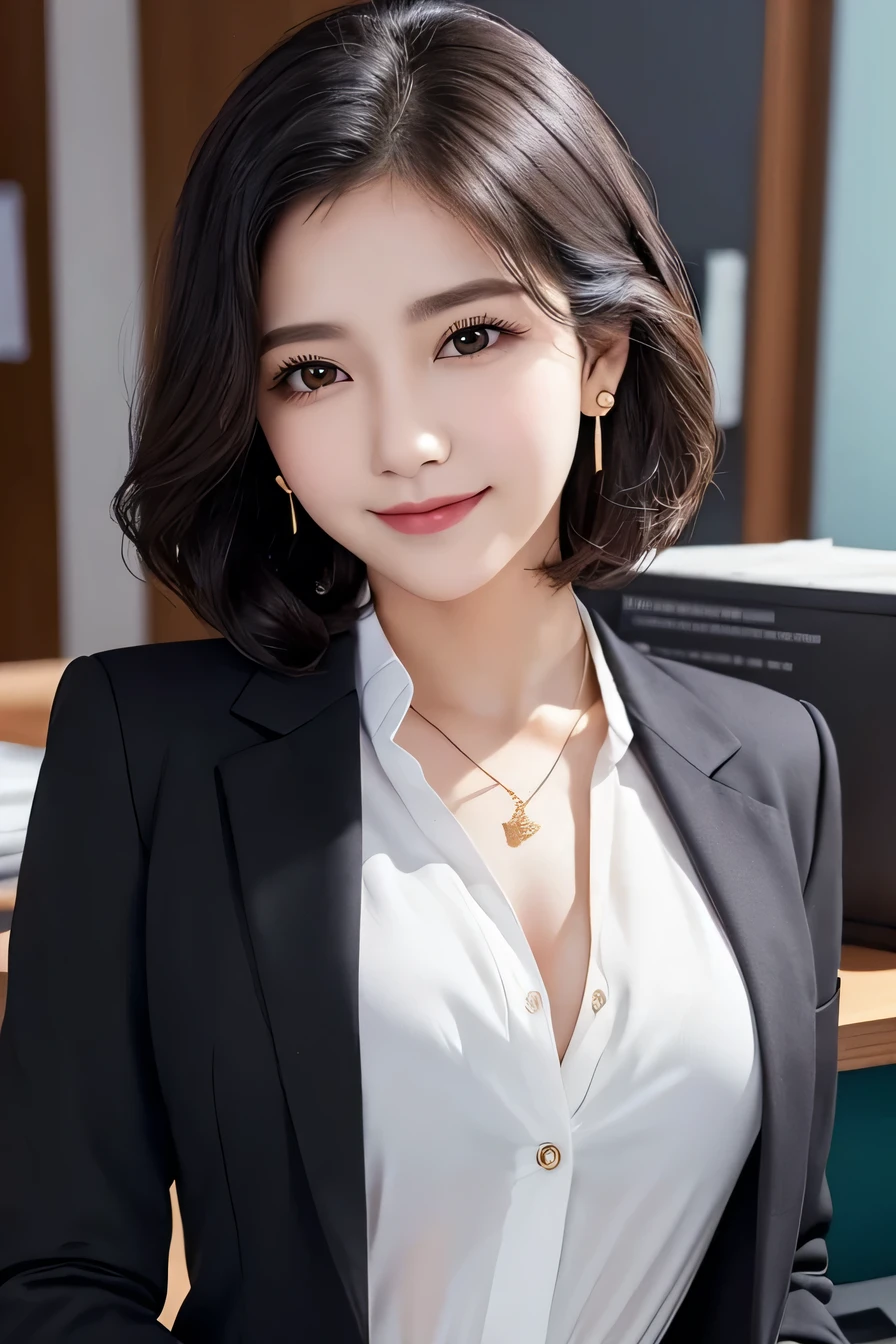 Beautiful young woman、、 Intricate details, short hair、Wavy Hair、ear piercing、Closed Mouth Smile、、Black Hair、 Clear beauty, (High quality fabric, Office Lady Suits 、Jacket、Unbuttoned shirt、Necklace around the neck、Dark eyeliner、 The background is the office
