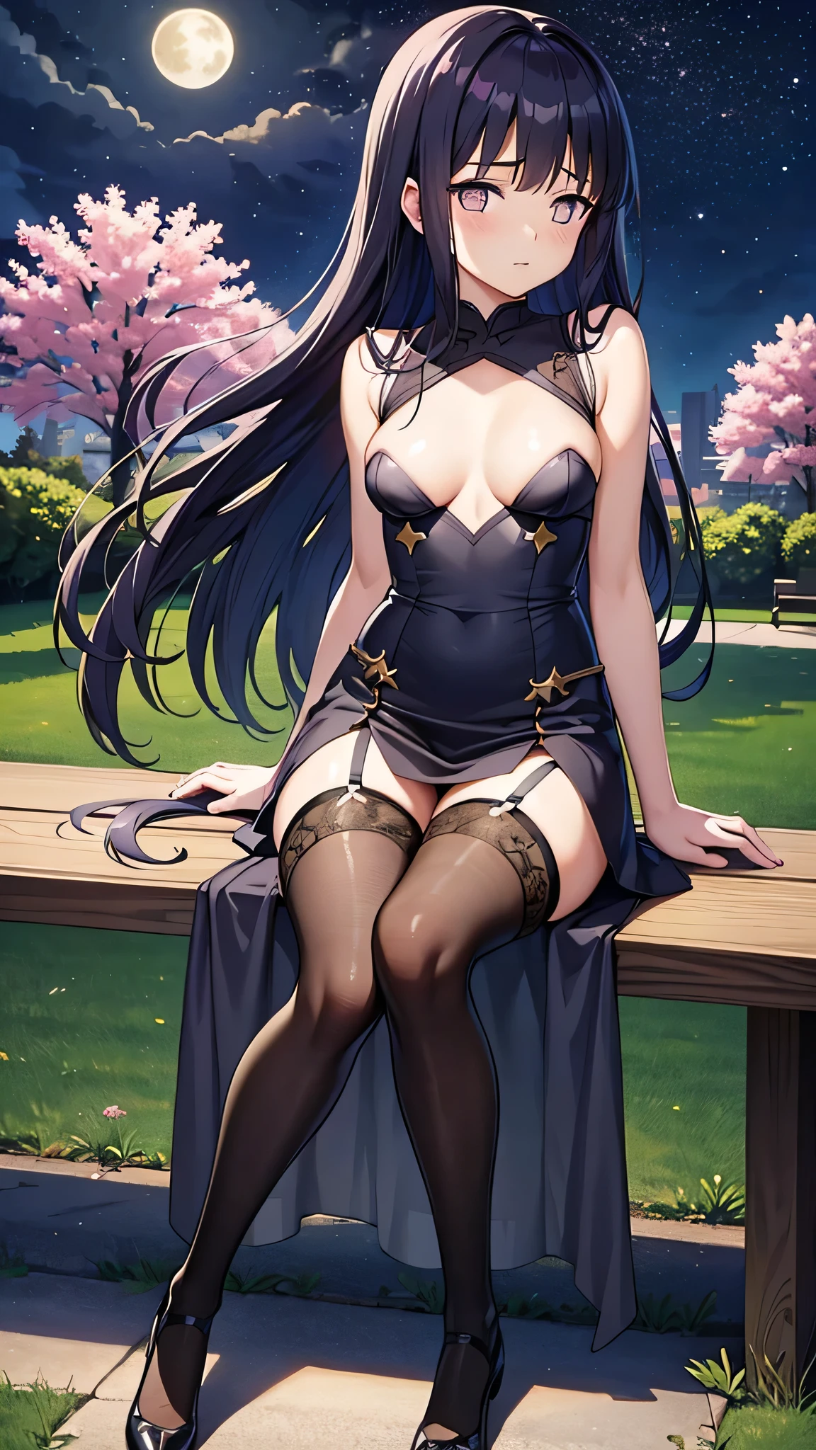 Masterpiece, top quality, best quality, official art, beautiful and aesthetic, anime, 1girl,extremely detailed, colorful, more detailed ((ultra-detailed)), (highly detailed CG illustration),(small breast:1.2),hyuuga hinata,emo-hinata, long dress, stockings, stocking suspenders, sitting on bench, in the park, trees, night, stars,moon, starfalls, cross legs,in middle of frame,frome below.