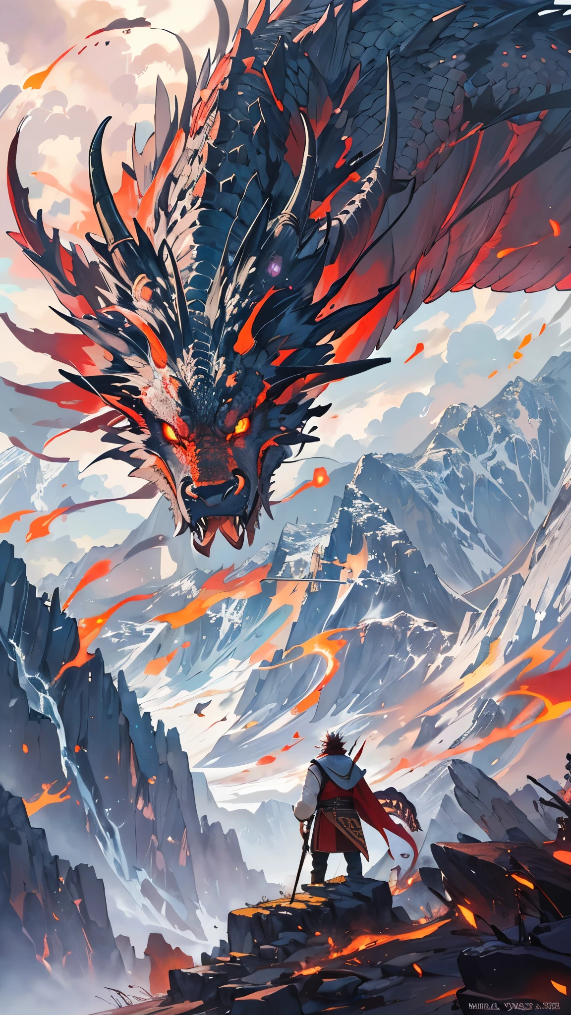 (masterpiece:1.2),(Highest quality),(Super detailed:1.2),(Ultra-high resolution),8K,Vast landscape photography,(From below,A warrior looking up at a giant dragon in front of him,Dragon glaring at warrior),(One person: 1.5),(Burning Mountain),(Dynamic configuration: 1.4),Very detailed,Colorful details,Very detailedなドラゴンの描画