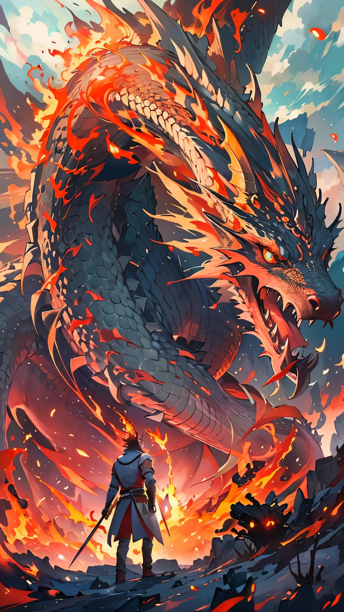 (masterpiece:1.2),(Highest quality),(Super detailed:1.2),(Ultra-high resolution),8K,Vast landscape photography,(From below,A warrior looking up at a giant dragon in front of him,Dragon glaring at warrior),(One person: 1.5),(Burning Mountain),(Dynamic configuration: 1.4),Very detailed,Colorful details,Very detailedなドラゴンの描画